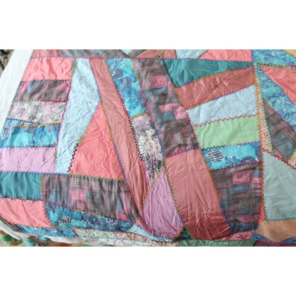 Vintage Crazy Quilt 86" x 69 Heavily Embroidered Pastel Colors Old Hand Tied - Picture 2 of 16